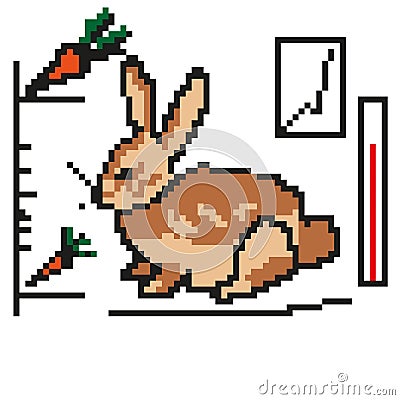 Smart farm Pixel Perfect rabbit, carrots, monitoring devices Vector Illustration