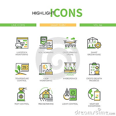 Smart farm and technology - line design style icons set Vector Illustration