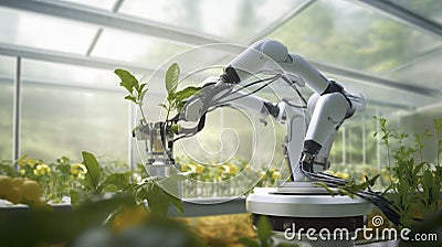 Smart farming, automated industrial robotic arm picking up plants in a greenhouse, industrial scale Stock Photo