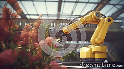 Smart farming, automated industrial robotic arm picking up plants in a greenhouse Stock Photo