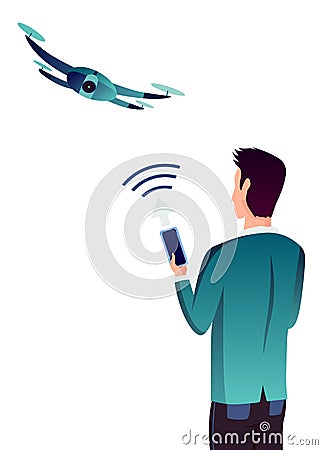 Smart farming. Man with mobile app on his smartphone using quadcopter, IOT. Digital farmers technology vector Vector Illustration