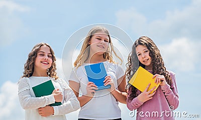 Smart friends. School friendship. Foreign languages. Study together. Clever kids. Study group help solidify clarify Stock Photo