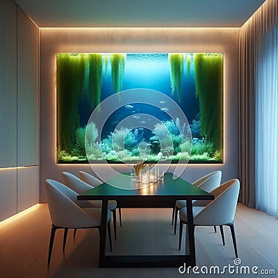 a smart futuristic dining room with a bioluminescent algae aquarium embedded in the wall. Stock Photo