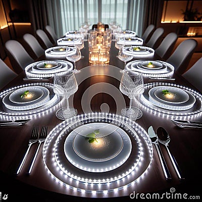 smart futuristic dining table set with transparent glass plates embedded with LED lights. Stock Photo