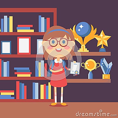 Smart girl holding certificate, vector illustration. Happy proud kid won award in school competition. Books and trophies Vector Illustration