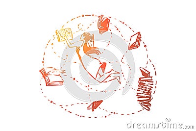 Smart girl reading books, college student learning, bookworm, school pupil studying, exams preparation Vector Illustration