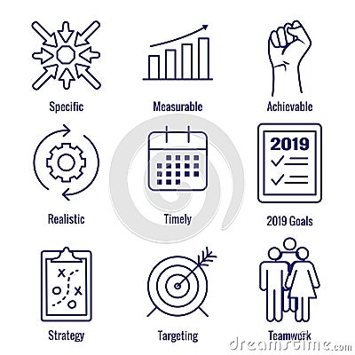 2019 SMART Goals Vector graphic w various Smart goal keywords Vector Illustration