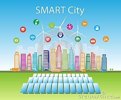 Smart green cities consume alternative natural energy sources with advanced intelligent services, social networks Vector Illustration