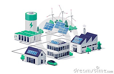 Power renewabale energy electricity scheme with solar buildings Vector Illustration