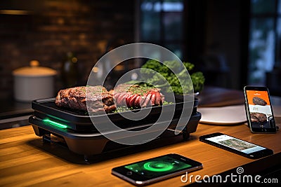 smart grill with connected smartphone app on screen Stock Photo