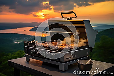 smart grill with smoke rising against sunset backdrop Stock Photo
