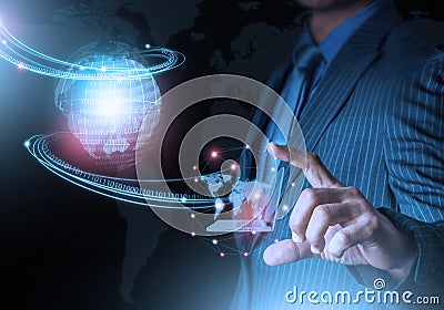 Smart hand holding world futuristic connection technology with finger Stock Photo