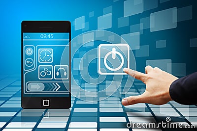 Smart hand touch on power button from mobile phone Stock Photo