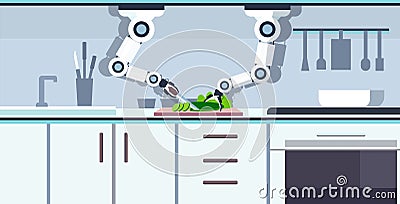 Smart handy chef robot cutting cucumber on board robotic assistant innovation technology artificial intelligence concept Vector Illustration