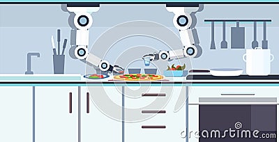 Smart handy chef robot preparing tasty pizza robotic assistant innovation technology artificial intelligence concept Vector Illustration