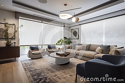 smart home with automated blinds, drapes, and lighting for optimal comfort and privacy Stock Photo