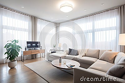 smart home with automated blinds, drapes, and lighting for optimal comfort and privacy Stock Photo