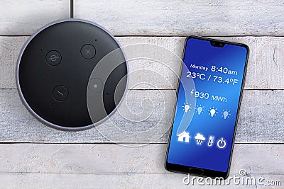 Smart home automation by Alexa Echo Plus controlled with a smart phone app on a white wooden table. Empty copy space Editorial Stock Photo