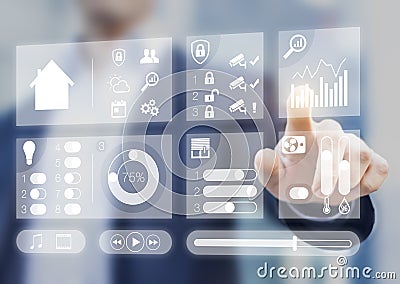 Smart home automation screen using augmented reality, person touching button Stock Photo