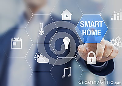 Smart home automation concept, icon for functionalities, person touching button Stock Photo