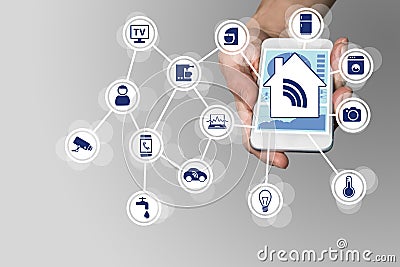 Smart home automation concept illustrated by modern smart phone to monitor smart objects Stock Photo