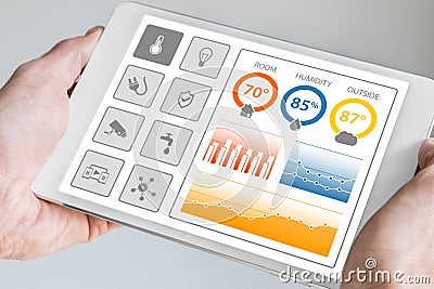 Smart home automation dashboard to control smart devices and sensors in the house or apartment. Stock Photo