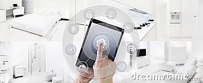 Smart home automation hand touch digital tablet screen with symbols on indoors rooms background web banner and copy space Stock Photo
