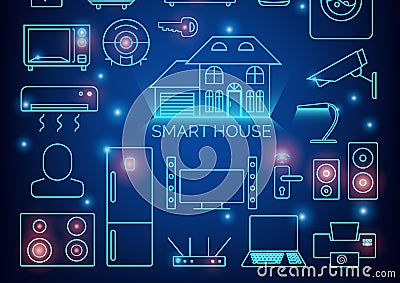 Smart home automation vector background. Connected smart home devices like phone, smart watch, tablet, sensors Vector Illustration