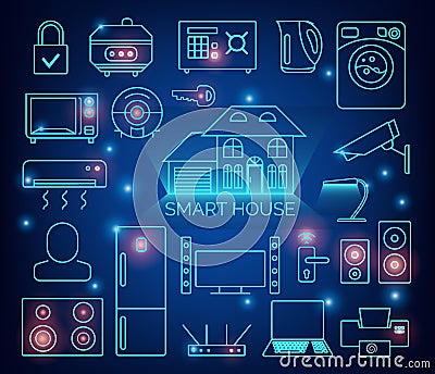 Smart home automation vector background. Connected smart home devices like phone, smart watch, tablet, sensors Vector Illustration