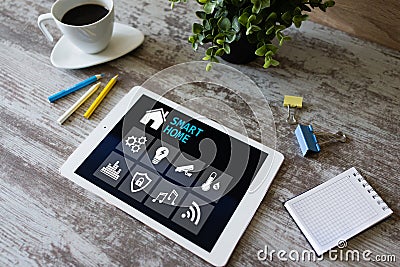 Smart home concept, control panel software on device screen. Stock Photo