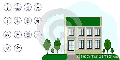 Smart home concept. Large house with windows, door, roof and garden. Lots of smart home pictograms Vector Illustration