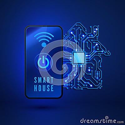 Smart home concept. Remote monitoring and control smart house from smartphone. Vector illustration on blue background Vector Illustration