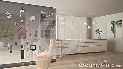 Smart home control concept, hand controlling digital interface from mobile app. Blurred background showing modern white and wooden Stock Photo