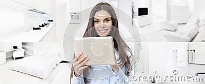 Smart home control concept smiling woman with digital tablet on Stock Photo