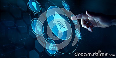 Smart home control interface with finger touching smart-home assistant button on virtual screen dashboard. Wireless connection Stock Photo