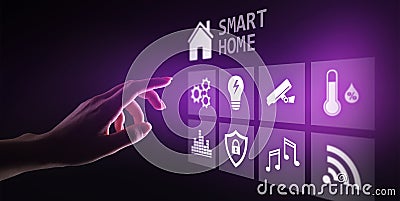 Smart home control panel on virtual screen. Internet of things, IOT, process automation concept. Stock Photo