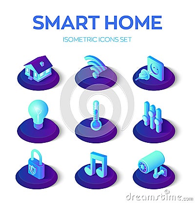 Smart home. 3D isometric icons set. Remote house control system. IOT concept. Smart home connection and control system devices. Cartoon Illustration