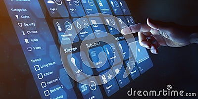 Smart home dashboard to control smart devices and set up home automation technology. Assistant for connected devices, smart lock, Stock Photo