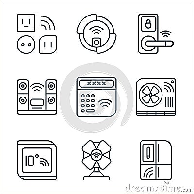 smart home devices line icons. linear set. quality vector line set such as smart refrigerator, fan, thermostat, air conditioner, Vector Illustration