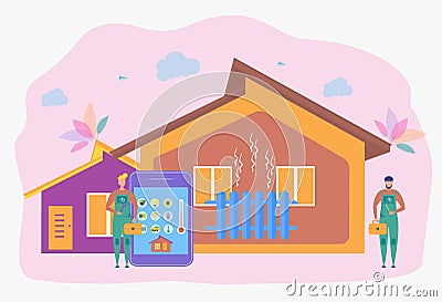 Smart home heating with a smartphone. Workers are repairing a heating system, home heating technology, home energy saving concept Stock Photo