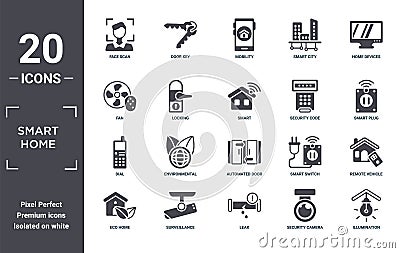 smart.home icon set. include creative elements as face scan, home devices, security code, automated door, surveillance, dial Vector Illustration