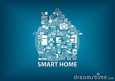 Smart Home illustration with home assembled with white icons / symbols Vector Illustration