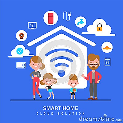 Smart home, Internet of things, IOT, Family with smart home concept illustration. Flat design style cartoon Vector Illustration