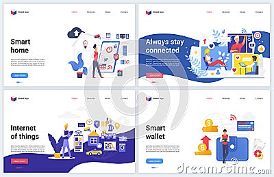 Smart home iot future technology vector illustrations, cartoon flat futuristic website interface design, banner set with Vector Illustration