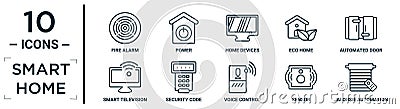 smart.home linear icon set. includes thin line fire alarm, home devices, automated door, security code, sensor, jalousie Vector Illustration