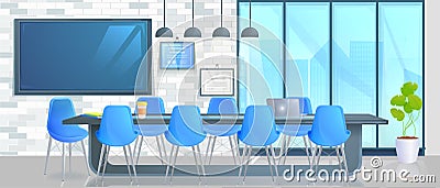 Smart home office banner. Modern conference room with a control screen and hand. Vector Illustration