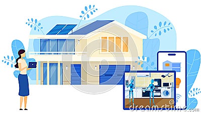 Smart home security connected and control technology system, devices through internet network, cartoon vector Vector Illustration