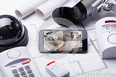 Smart Home System On Mobilephone With Security Equipment Stock Photo
