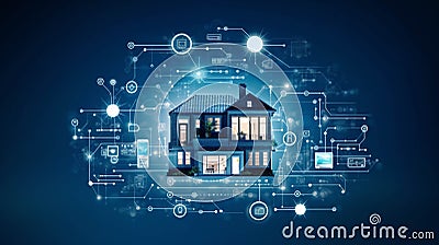 Smart home technology conceptual banner. Building consists digits smart devices. AI Generative Stock Photo