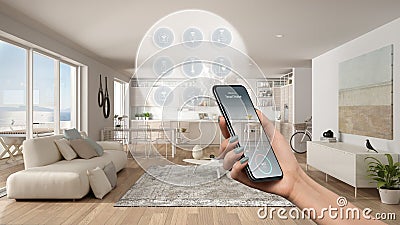 Smart home technology interface on phone app, augmented reality, internet of things, interior design of modern kitchen with Stock Photo